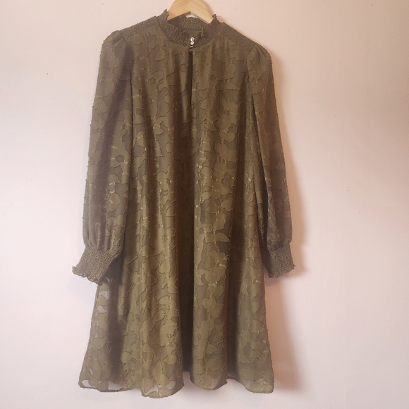 Tommy Hilfiger Olive Green Floral Chiffon Shift Dress Lace Size 14 - Picture 2 of 10